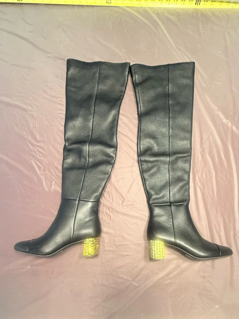 NWOT Kurt Geiger Mayfair Black Leather Over The Knee Boots Gold Heel Size 6.5